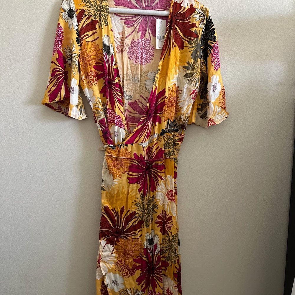 New York & Company Mustard Floral Midi Dress with Pink & White Accents